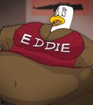 4_fingers accipitrid accipitriform anthro avian bald_eagle beak belly big_belly bird brown_body cleverfoxman clothing eagle eddie_eagle fingers hi_res huge_belly hyper hyper_belly inflation inside looking_down_at_self male navel open_beak open_mouth overweight pink_tongue red_clothing red_shirt red_topwear sea_eagle shirt solo text text_on_clothing text_on_shirt text_on_topwear tongue topwear white_head wide_eyed yellow_beak