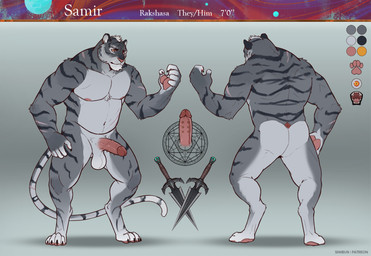 anthro balls black_body black_fur butt countershade_balls countershade_butt countershade_face countershade_feet countershade_genitalia countershade_hands countershade_legs countershade_neck countershade_tail countershade_torso countershading dagger ear_piercing ear_ring erection feet fur genitals grey_body grey_fur humanoid_genitalia humanoid_penis ladder_piercing looking_at_viewer male male_anthro melee_weapon muscular muscular_anthro muscular_male nipples nude nude_anthro nude_male open_mouth orange_eyes pawpads pecs penis piercing pink_penis ring_piercing solo standing striped_body striped_fur stripes tail teeth tongue vein veiny_penis weapon whisker_spots sinibun_95 felid mammal pantherine tiger 2023 hi_res model_sheet nonbinary_(lore)