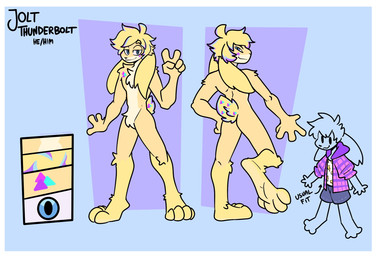 anthro blue_highlights border bottomwear cheek_tuft chest_tuft clothing facial_tuft floppy_ears fur gesture half-closed_eyes hand_gesture highlights_(coloring) hoodie male narrowed_eyes purple_highlights shirt shorts smile smirk smug smug_face solo t-shirt text topwear tuft v_sign white_border yellow_body yellow_fur xing1 jolt_(jackel_usami) lagomorph leporid mammal rabbit english_text hi_res model_sheet