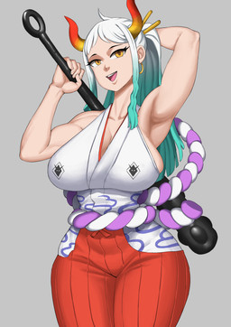 big_breasts bottomwear breasts clothed clothing dipstick_horn ear_piercing ear_ring eyelashes female front_view green_hair grey_background hair hand_behind_head holding_object holding_weapon horn huge_breasts long_hair looking_at_viewer multicolored_hair multicolored_horn open_mouth piercing ponytail red_bottomwear red_clothing red_horn ring_piercing simple_background solo tan_body tan_skin thick_thighs topwear two_tone_hair weapon white_clothing white_hair white_topwear wide_hips yellow_eyes yellow_horn mrcrazyp3 asian_mythology east_asian_mythology japanese_mythology mythology one_piece yamato_(one_piece) demon horned_humanoid humanoid oni yokai absurd_res hi_res