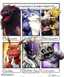 anthro armor black_body blonde_hair claws fur grey_body grey_fur group hair horn male red_body rock text yellow_eyes capnii bandai_namco digimon beelzemon blackwargreymon demon digimon_(species) gotsumon guilmon humanoid madleomon scalie strabimon english_text hi_res