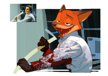 anthro axe blood blue_eyes bodily_fluids brown_body brown_fur clothed clothed_anthro clothed_male clothing fur holding_axe holding_object male multicolored_body multicolored_fur orange_body orange_fur shirt solo topwear two_tone_body two_tone_fur white_clothing white_shirt white_topwear cxcxxcxxxx american_psycho disney zootopia nick_wilde patrick_bateman canid canine fox mammal red_fox true_fox 2025 absurd_res hi_res reference_image