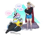 anthro backwards_baseball_cap backwards_hat baseball_cap bell bell_collar big_breasts big_bulge black_baseball_cap black_clothing black_legwear black_shirt black_t-shirt black_thigh_highs black_topwear blue_bottomwear blue_clothing blue_eyes blue_hair blue_hotpants blue_shorts bottomwear breasts bulge burger_king_crown cape cleavage clothed clothed_anthro clothed_female clothed_gynomorph clothing collar conjoined_speech_bubble controller dialogue duo female fur furgonomic_baseball_cap furgonomic_hat furgonomic_headwear furgonomics game_controller gesture gynomorph hair hand_gesture hat headgear headwear holding_controller holding_game_controller holding_object hotpants huge_breasts intersex jingle_bell jingle_bell_collar legwear long_ears multicolored_hair nintendo_64_controller pink_hair pointing pointing_at_another scut_tail shirt short_tail shorts speech_bubble t-shirt tail tan_body tan_fur text thigh_highs topwear two_tone_hair white_body white_fur white_hair yellow_clothing yellow_topwear boosterpang burger_king jamie_(boosterpang) pb_(theycallhimcake) badger lagomorph leporid mallkin mammal mustelid musteline rabbit 2022 digital_drawing_(artwork) digital_media_(artwork) english_description english_text busty_boy_(lore) male_(lore)