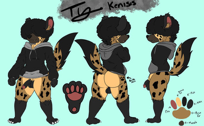 4_toes afro anthro backsack balls biped birthmark black_body black_clothing black_coded black_fur black_hair black_hoodie black_nose black_topwear blue_background bottomless bottomless_anthro bottomless_male brown_body brown_fur brown_inner_ear_fluff butt chest_tuft claws clothed clothing crotch_tuft directional_arrow feet fur fur_tuft genitals grey_clothing grey_hoodie grey_topwear hair hair_over_eyes hoodie hoodie_only inner_ear_fluff male markings mouth_closed multicolored_body multicolored_fur multicolored_hoodie pawpads paws penis raised_tail simple_background snaggle_tooth solo spots spotted_body spotted_fur tail tan_body tan_fur text toe_claws toes topwear topwear_only tuft hyenakenisis ty_kenisis hyena mammal character_name hi_res model_sheet