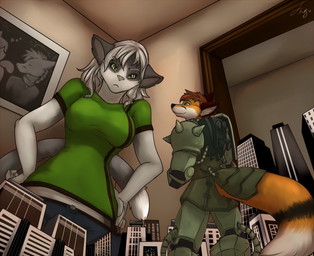 anthro clothed clothing female hands_on_hips inside larger_female male micro shrunken_city size_difference smaller_male tail firetally canid canine domestic_cat felid feline felis fox mammal