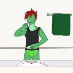 anthro bathroom brush brushing brushing_teeth bulge clothing jockstrap male shirt solo tank_top topwear underwear fuze texnatsu diego_abel alligator alligatorid crocodilian reptile scalie 1:1 hi_res