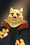 anthro black_clothing black_jacket black_topwear blood bodily_fluids canid canine canis clothing cooper_krager dust eye_scar facial_scar fur hi_res jacket light light_beam male mammal nosebleed ponshanchamu remember_the_flowers scar solo topwear wolf wounded yellow_body yellow_fur