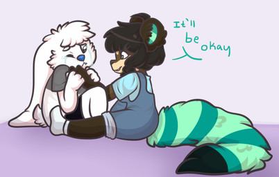 ambiguous_gender anthro bodily_fluids clothed clothing crying dialogue duo footwear fur hair multicolored_tail overalls simple_background sitting socks speech_bubble tail tears text young young_anthro monsterbunny 2015 archived_source digital_drawing_(artwork) digital_media_(artwork) english_text