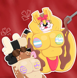 anthro black_hair blush bound bow_ribbon candy chocolate chocolate_sauce cutlery dessert duo easter_egg eyes_closed eyewear female female/female food fur glasses hair holidays kitchen_utensils licking lipstick looking_at_viewer makeup pasties pink_bow spoon tan_body tan_fur tongue tools yellow_body yellow_fur zoyeensadart easter kipp_(zoyeensadart) molly_(zoyeensadart) deer lagomorph leporid mammal rabbit hi_res