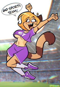 anthro blonde_hair blue_eyes bottomwear breasts clothing crop_top dialogue eyebrows eyelashes female footwear hair markings midriff mole_(marking) mole_on_breast mole_under_eye shirt shoes shorts solo striped_body stripes tan_body topwear under_boob psicoyote cassandra_(psicoyote) domestic_cat felid feline felis mammal 2026 absurd_res hi_res