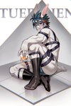 alcohol anthro beverage blue_hair bulge butt clothing footwear fur hair harness long_ears male red_eyes socks solo thigh_strap thong underwear white_body white_fur bblacksheep02 lifewonders tokyo_afterschool_summoners tu'er_shen_(tas) lagomorph leporid mammal rabbit 2:3 hi_res