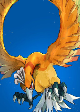ambiguous_gender beak claws feathered_wings feathers featureless_crotch feet feral flying looking_at_viewer orange_body orange_feathers red_eyes sky solo star tail talons toes wings 6moon_0 nintendo pokemon avian bird generation_2_pokemon ho-oh legendary_pokemon pokemon_(species) shiny_pokemon 2026