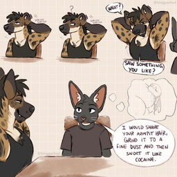anthro armpit_fetish armpit_lick armpit_play chair dialogue duo furniture licking male presenting_armpit table text thought thought_bubble tongue kingparked chuks_(whooperyeen) domestic_cat felid feline felis hyena mammal 1:1 english_text