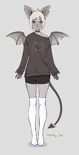 a-pose anthro bell bottomwear choker clothing clubbed_tail ear_piercing fangs footwear furgonomic_piercing furgonomics hotpants jewelry jingle_bell legwear necklace oversized_clothing oversized_sweater oversized_topwear piercing shorts small_wings socks solo sweater tail teeth thigh_highs thigh_socks topwear weapon_tail wings frenky_hw chichi_(frenky_hw) bat mammal hi_res model_sheet male_(lore)