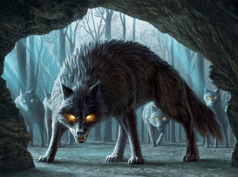 ambiguous_gender cave detailed_background feral forest forest_background fur glowing glowing_eyes grey_body grey_fur group looking_at_viewer open_mouth outside plant standing tail tree dan_scott hasbro magic:_the_gathering wizards_of_the_coast canid canine canis mammal wolf 2019 official_art