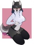 accessory anthro black_hair blue_hair blush bottomwear breasts clothed clothing countershade_fur countershade_torso countershading female fur gradient_hair green_eyes grey_body grey_fur hair hand_on_breast kneeling legwear midriff panties pants paws shirt simple_background solo stockings thigh_highs topwear underwear white_clothing white_shirt white_topwear mojaloo tala_(wolfizen) canid canine canis mammal wolf digital_media_(artwork) hi_res shaded