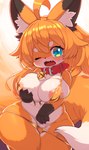 ahoge anthro areola areola_slip bell big_breasts bikini blush bodily_fluids breasts clothing collar eyebrows eyelashes fangs female female_anthro fur gold_bikini gold_clothing gold_swimwear green_eyes hair inner_ear_fluff jewelry kemono long_hair navel necklace one_eye_closed orange_body orange_fur orange_hair slightly_chubby slightly_chubby_female solo sweat swimwear tail tears teeth thick_thighs tuft two-piece_swimsuit wardrobe_malfunction wide_hips xmu canid canine fox mammal 2024 hi_res