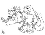 anthro band-aid bandage claws crutch duo horn icepack male medical_instrument scientific_instrument simple_background smile spikes teeth rochasaurusrex godziban godzilla_(series) toho anguirus godzilla kaiju monster reptile scalie absurd_res digital_media_(artwork) hi_res monochrome