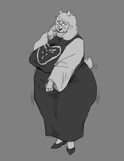 2_horns 4_fingers anthro belly big_breasts biped breasts clothed clothed_anthro clothed_female clothing curved_eyebrows eyebrow_through_hair eyebrows eyes_closed eyewear female fingers floppy_ears footwear glasses grey_background hair high_heels horn huge_breasts lips lop_ears mature_anthro mature_female monotone_background motion_lines motion_outline overweight overweight_anthro overweight_female plantigrade print_clothing print_robe robe shoes short_hair short_horn short_tail simple_background small_horn smile solo standing sweater tail tail_motion tailwag thick_bottom_lip three-quarter_view topwear translucent translucent_hair turtleneck wearing_glasses niftytoast undertale undertale_(series) toriel boss_monster_(undertale) bovid caprine goat mammal 2025 digital_drawing_(artwork) digital_media_(artwork) full-length_portrait greyscale monochrome portrait