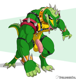 anthro balls biceps bracelet claws facial_piercing feet foreskin genitals green_body half-erect harness horn jewelry looking_at_viewer male membrane_(anatomy) mostly_nude multicolored_body muscular muscular_anthro muscular_male nipple_piercing nipple_ring nipples nose_piercing penis piercing ring_piercing sharp_teeth simple_background solo spiked_harness spikes tail teeth toe_claws toes tongue tongue_out vein veiny_penis webbed_feet webbed_hands spelunker_sal capcom mega_man_(series) mega_man_x_(series) wheel_gator alligator alligatorid crocodilian maverick_(mega_man) reploid reptile scalie 2023 hi_res