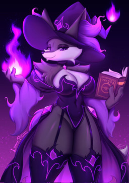 anthro big_breasts book breasts clothing ear_tuft female fire fur garter_straps grey_body grey_fur hat headgear headwear legwear magic_user purple_eyes solo stockings thick_thighs thigh_highs tuft witch witch_costume witch_hat lunar_petals nintendo pokemon canid canine delphox fox generation_6_pokemon mammal pokemon_(species) hi_res