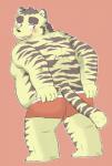 anthro belly blush bulge butt clothing fur humanoid_hands leucistic male moobs overweight overweight_anthro overweight_male simple_background solo underwear white_body white_fur chocobibear felid mammal pantherine tiger 2019