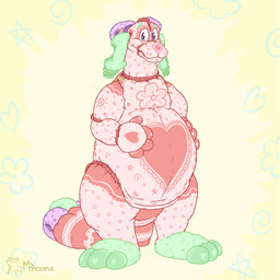 abdl anthro belly big_belly big_tail clean_diaper constellation diaper diaper_tape feet flower_symbol green_diaper green_ears green_feet hand_on_belly heart_symbol leaf_symbol looking_at_viewer male markings moon_symbol pink_body pink_diaper purple_diaper simple_background solo star_symbol sun_symbol tail yellow_background monocerus pad_(monocerus) animate_inanimate diaper_creature 1:1 absurd_res hi_res