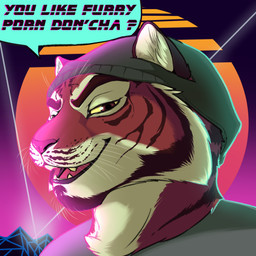 abstract_background anthro black_body black_fur brown_body brown_eyes brown_fur clothed clothing dialogue facial_hair fangs fur fur_markings furgonomics goatee hat headgear headwear inner_ear_fluff male markings multicolored_body multicolored_fur narrowed_eyes open_mouth open_smile retro shirt smile smug solo speech_bubble squint stripes synthwave teeth text tongue topwear tuft white_body white_fur yellow_sclera sabrotiger felid mammal pantherine tiger 1:1 digital_media_(artwork) english_text icon low_res