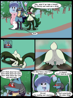 anthro blush butt dialogue female group looking_at_another looking_at_butt male male/female nude river speech_bubble text trio rated-r-ponystar nintendo pokemon generation_4_pokemon generation_8_pokemon generation_9_pokemon hatterene lucario meowscarada pokemon_(species) 3:4 absurd_res comic english_text hi_res