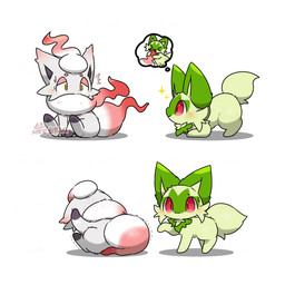 ambiguous_gender blush crouching dipstick_ears dipstick_tail duo ear_markings feet feral fur gesture gloves_(marking) green_body green_fur green_tail hand_gesture kemono leg_markings markings multicolored_body multicolored_ears multicolored_fur open_mouth open_smile paws pointing red_body red_eyes red_fur red_tail shy simple_background sitting smile socks_(marking) sparkles tail tail_markings tail_motion tailwag thought_bubble tuft two_tone_body two_tone_fur white_background white_body white_fur white_tail yellow_eyes tontaro nintendo pokemon canid canine felid feline generation_8_pokemon generation_9_pokemon hisuian_form hisuian_zorua mammal pokemon_(species) regional_form_(pokemon) sprigatito 1:1 2d_animation animated frame_by_frame signature watermark