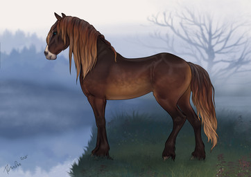 ambiguous_feral ambiguous_gender blue_eyes brown_body brown_fur brown_mane brown_tail feral fog fur grass mane mouth_closed outside plant side_view solo tail tree water rufciu equid equine horse mammal 2025 dated signature female_(lore)