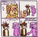 annoyed anthro antlers dialogue fur group hair horn humor implied_watersports male male/male orange_body orange_fur pink_body pink_fur profanity text worried fluffydarkrai shinyluvdisc lizzex_(character) shiny_skunk_(character) deer domestic_cat felid feline felis mammal mephitid skunk 2020 comic english_text hi_res