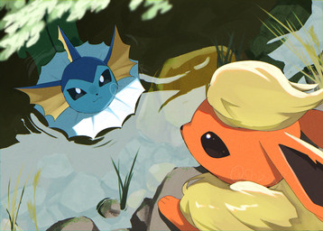 ambiguous_gender black_eyes blue_body brown_eyes duo fangs feral fur high-angle_view looking_at_another orange_body orange_fur partially_submerged paws plant teeth water yellow_body yellow_fur shiznar nintendo pokemon eeveelution flareon generation_1_pokemon pokemon_(species) vaporeon 2025 hi_res