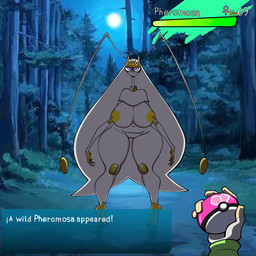antennae_(anatomy) anthro areola big_areola big_breasts big_nipples breasts disembodied_hand eyelashes female first_person_view front_view gameplay_mechanics genitals huge_breasts inverted_nipples looking_at_viewer navel nipples nude pokeball pokemorph purple_eyes solo text thick_thighs vulva white_body wide_hips yellow_areola yellow_nipples gallo_wazavi nintendo pokemon generation_7_pokemon pheromosa pokemon_(species) ultra_beast 1:1 hi_res