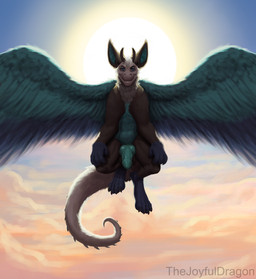 balls fluffy flying fur genitals knot looking_at_viewer male paws penis sky solo sun tail wings thejoyfuldragon mythology angel_dragon dragon mythological_creature mythological_scalie scalie hi_res