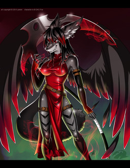 anthro black_bars black_hair breasts clothed clothing dark dress ear_piercing feathered_wings feathers female hair light_from_below melee_weapon nipple_outline nipples piercing polearm red_eyes scythe smile solo tight_clothing tight_dress weapon wings yamer kira_domira_(character) canid canine hybrid mammal 2014 hi_res letterbox