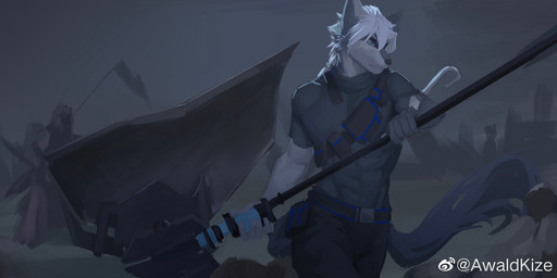 anthro axe belt black_belt black_bottomwear black_clothing black_pants blue_eyes bottomwear clothed clothing duo front_view fur greataxe grey_body grey_clothing grey_fur grey_shirt grey_t-shirt grey_topwear hair holding_axe holding_object male melee_weapon messy_hair mouth_closed muscular muscular_anthro muscular_male pants pecs shirt short_hair solo_focus standing t-shirt tight_clothing tight_shirt tight_t-shirt tight_topwear topwear unsigned weapon white_body white_fur white_hair awaldkize canid canine canis mammal wolf hi_res