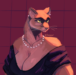 anthro breasts cleavage clothed clothing collarbone dress ear_piercing ear_ring female gem mature_female pearl_(gem) piercing ring_piercing solo tear_trough whiskers jackaroni cougar felid feline mammal absurd_res hi_res