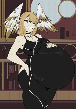 belly big_belly big_breasts black_clothing blue_eyes breasts clothing female inside pregnant pregnant_female solo vale-city xenoblade_(series) eunie_(xenoblade) high_entia humanoid 2024 absurd_res hi_res