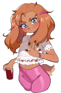 accessory anthro biped blue_eyes blush bottomwear breasts brown_body clothed clothing container cup eyebrows eyelashes female hair_accessory holding_container holding_cup holding_object pants pink_bottomwear pink_clothing pink_pants pupils shirt simple_background smile solo tail topwear white_background white_clothing white_shirt white_topwear lightsource canid canine mammal hi_res
