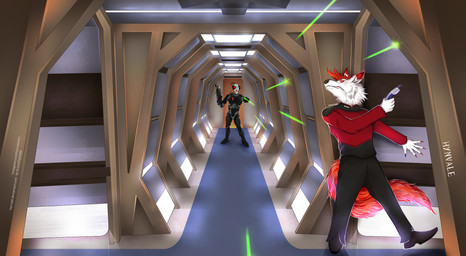 anthro black_clothing clothing corner costume covering electronics hair inside lamp laser laser_gun looking_at_another machine male ranged_weapon red_clothing red_eyes shooting shooting_gun shooting_weapon solo spacecraft spaceship_interior tail tail_motion tailwag technology vehicle wall_(structure) weapon white_body hynvale star_trek chivalrythewolf borg canid canine canis humanoid mammal robot robot_humanoid wolf hi_res