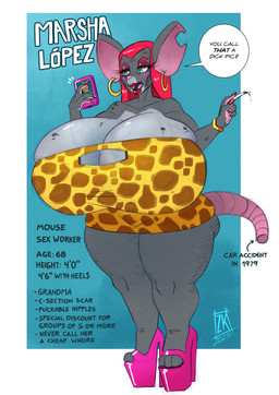animal_print anthro big_breasts breasts cellphone cigarette clothing docked_tail dress ear_piercing elderly electronics female footwear high_heels huge_breasts huge_hips huge_thighs leopard_print mature_anthro mature_female notched_ear phone piercing profanity sex_worker shoes short_tail smartphone smoking smoking_cigarette solo tail text thick_thighs wide_hips zwitterkitsune marsha_lopez mammal mouse murid murine rodent 2025 english_text hi_res model_sheet