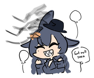 accessory balloon black_clothing black_hat black_headwear clothing female fin fish_accessory get_well_soon grey_clothing grey_hair hair hair_accessory hat headgear headpat headwear inflatable simple_background solo centurii-chan_(artist) mako_sameshima animal_humanoid aquatic aquatic_humanoid fish fish_humanoid humanoid shark_humanoid hi_res