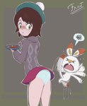 annoyed anthro arm_flailing bare_legs blush bottomwear brown_hair buckteeth butt clothed clothing clothing_lift duo eating eating_food eyes_closed female fur grey_background hair hat headgear headwear jumping larger_female larger_human looking_at_another looking_back male miniskirt multicolored_body multicolored_fur open_mouth orange_body orange_fur panties plate scut_tail short_tail simple_background size_difference skirt skirt_lift smaller_anthro smaller_male standing sweater tail tantrum teeth topwear two_tone_body two_tone_fur underwear white_body white_fur yellow_eyes yellow_inner_ear young fantdrawings nintendo pokemon gloria_(pokemon) generation_8_pokemon human lagomorph mammal pokemon_(species) scorbunny absurd_res hi_res signature