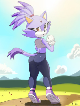 anthro athletic_wear bottomwear breasts butt clothed clothing crop_top female footwear fur gloves hair handwear jogging jogging_pants looking_at_viewer looking_back outside pants purple_body purple_fur shirt shoes solo standing tail tight_bottomwear tight_clothing tight_pants topwear yoga_pants soranygyart sega sonic_the_hedgehog_(series) blaze_the_cat domestic_cat felid feline felis mammal 3:4 digital_media_(artwork) hi_res