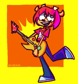 clothed clothing electric_guitar female fur guitar hair musical_instrument orange_body orange_fur plucked_string_instrument red_hair string_instrument parappa_the_rapper sony_corporation sony_interactive_entertainment um_jammer_lammy lammy_lamb bovid caprine mammal sheep