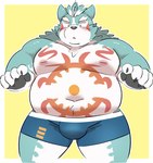 anthro belly big_belly blue_body blush bulge clothing humanoid_hands kemono male moobs navel nipples overweight overweight_male pink_blush simple_background solo underwear white_body ptcmtr asian_mythology east_asian_mythology japanese_mythology lifewonders mythology tokyo_afterschool_summoners oguchi_magami_(tas) canid canine canis mammal wolf 2021 hi_res