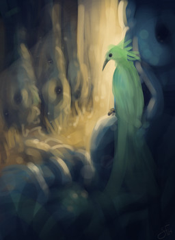 ambiguous_feral ambiguous_gender beak black_beak feathers feral forest grass green_body green_feathers plant solo solo_focus tree warm_light warm_lighting shufflefur avian 2024 digital_media_(artwork) digital_painting_(artwork) hi_res painting_(artwork)