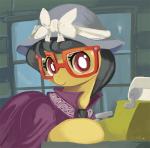 bonnet clothing disguise eyewear female glasses grey_hair hair hat headgear headwear red_eyes solo typewriter ende friendship_is_magic hasbro my_little_pony a._k._yearling_(mlp) daring_do_(mlp) equid equine horse mammal pony 2013