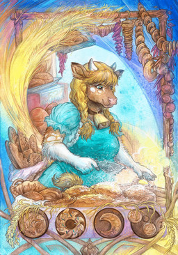 anthro apron baker baking basket blonde_hair blouse braided_hair braided_pigtails bread clothing container cooking cowbell female fluffy food freckles fur hair holding_object horn jewelry looking_down market_stall markings necklace pastry pigtails pink_nose solo spots spotted_markings standing sugar tan_body tan_fur teal_eyes topwear wheat taski_guru bethany_genisse bovid bovine cattle dairy_cattle jersey_cattle mammal 2024 hi_res traditional_media_(artwork)